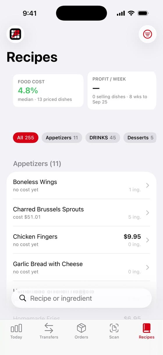 Recipes screen in Slice Supply